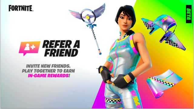 Join the Fortnite Refer a Friend Program: Free Rainbow Racer skin, Pickaxe & more